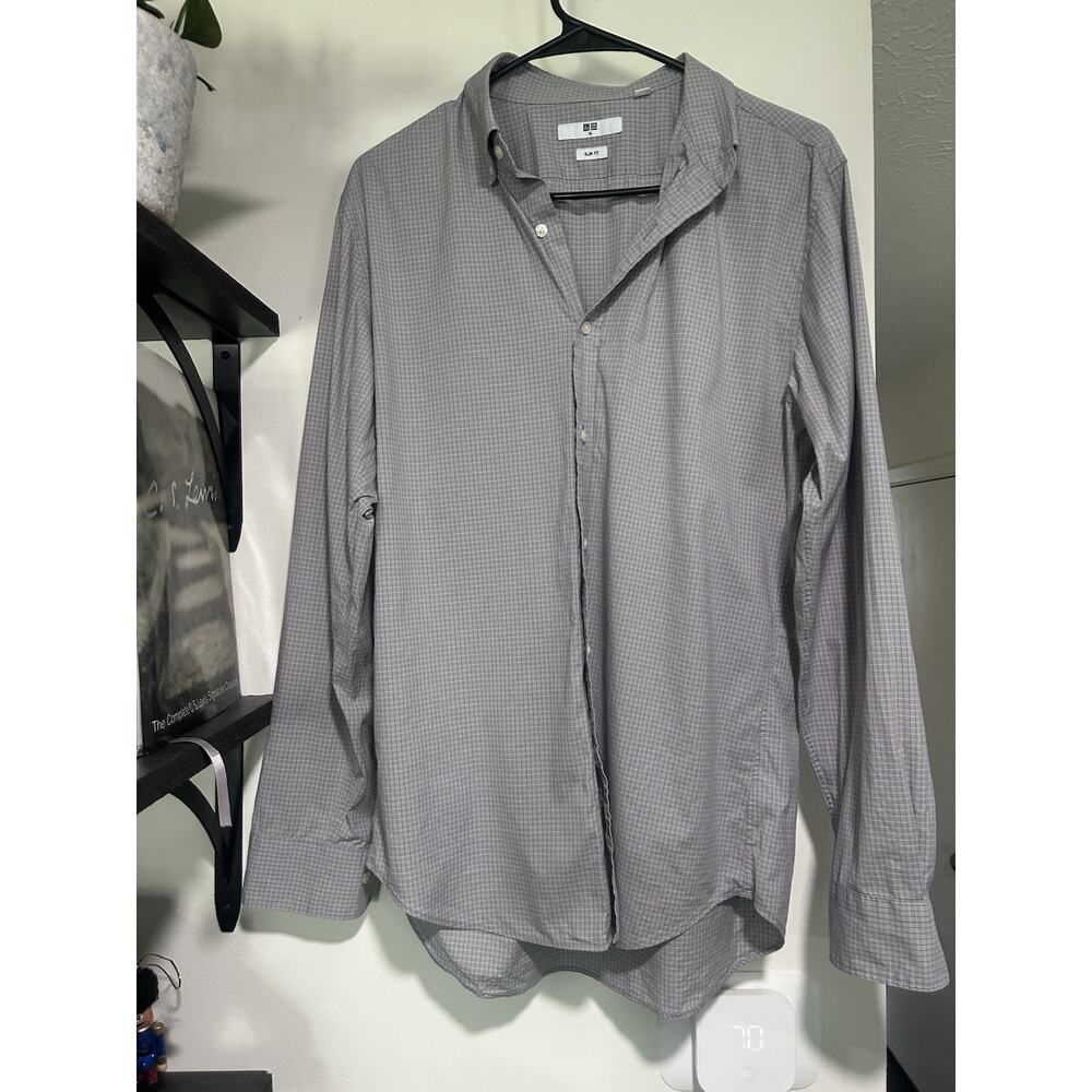 Uniqlo Beige Long Sleeve Cotton Button-Down Shirt Mens Size Medium. Gray Plaid